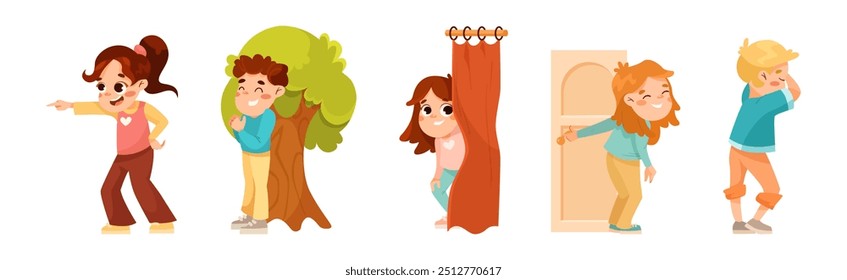 Kids Playing Hide and Seek Game Have Fun Vector Set