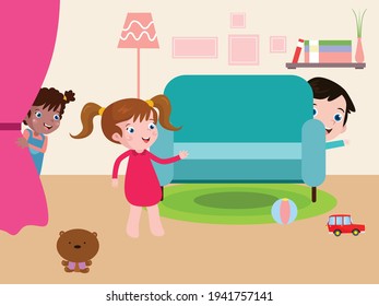 Kids playing hide and seek at home cartoon vector concept for banner, website, illustration, landing page, flyer, etc.