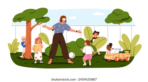 Niños jugando al escondite, juego al aire libre. Mujer con los ojos vendados y niños, actividad alegre en la naturaleza. Feliz Ocio de verano con niños y niñas. Ilustración vectorial plana aislada sobre fondo blanco