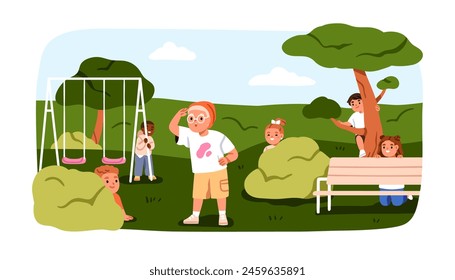 Kids playing hide and seek outdoor. Children peeking from behind bush, tree, child looking for friends. Boys, girls during leisure activity, game. Flat vector illustration isolated on white background