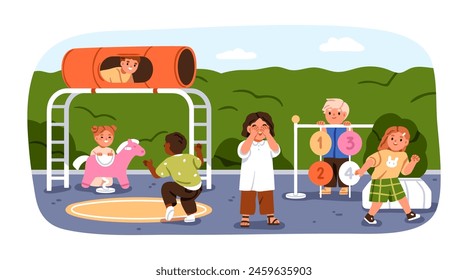 Kids playing hide and seek outdoors. Boys, girls at kindergarten playground. Joyful happy children during summer activity, fun game, playtime. Flat vector illustration isolated on white background