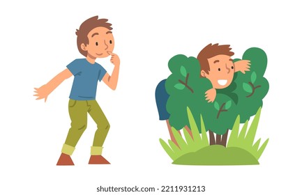 Kids playing hide and seek set. Boy hiding behind green bush cartoon vector illustration