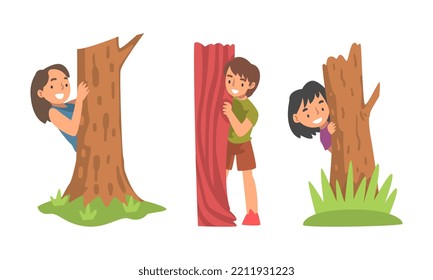 Kids playing hide and seek set. Cute children hiding behind trees in park cartoon vector illustration