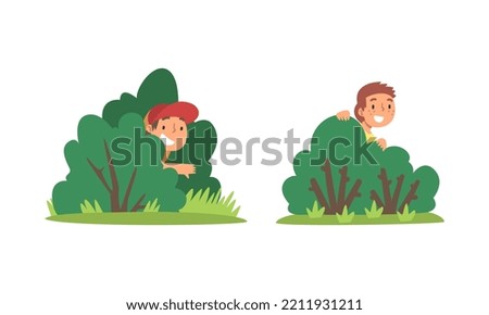 Kids playing hide and seek set. Cute boys hiding behind green bushes in park cartoon vector illustration