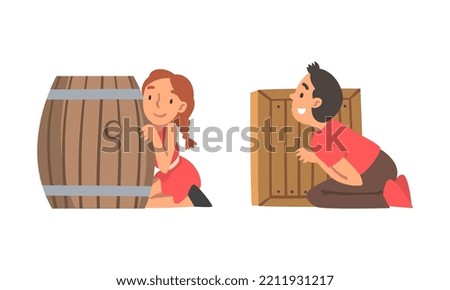 Kids playing hide and seek set. Boy and girl hiding behind barrel and wooden fence cartoon vector illustration