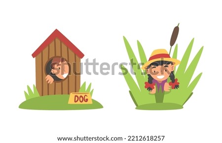 Kids playing hide and seek set. Cute children hiding in dog house and reeds cartoon vector illustration