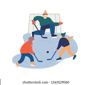 Kids playing hockey flat vector illustration. Father and sons enjoying winter sports cartoon characters. Wintertime family pastime idea. Cold season outdoor activity. Happy parenting experience.