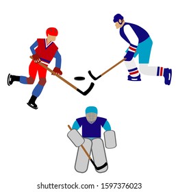 Kids playing hockey flat vector illustration. Father and sons enjoying winter sports cartoon characters. 