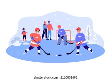 Kids playing hockey game on ice rink in city park. Boys in helmets skating, holding hockey sticks flat vector illustration. Winter sports concept for banner, website design or landing web page