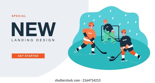 Kids playing hockey game on ice rink in city park. Boys in helmets skating, holding hockey sticks flat vector illustration. Winter sports concept for banner, website design or landing web page