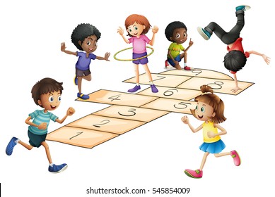 Kids playing hopscotch in the field illustration