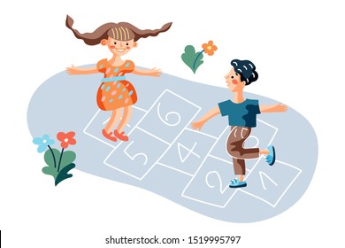 Kids playing hopscotch game flat illustration. Little boy and girl at kindergarten yard. Preteen friends outdoors cartoon characters. Hop scotch court drawn with chalk vector isolated design element