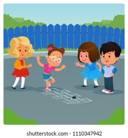 Kids playing hopscotch game outdoor. Cartoon vector illustration