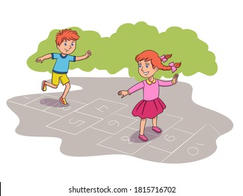 Kids playing hopscotch game outside. Happy girl and boy hopping together at playground near school. Fun active outdoor activity vector illustration. Numbers in chalk on pavement.