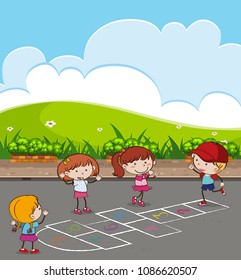 Kids Playing Hopscotch at Park illustration