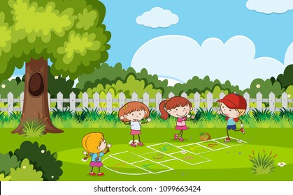 Kids Playing Hopscotch in the Park illustration
