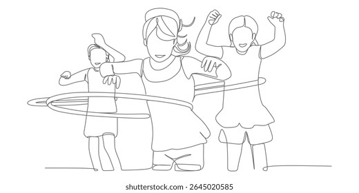 Kids Playing with Hula Hoops – Minimalist Continuous‑Line Vector Illustration