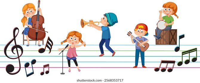 Kids playing instruments and singing joyfully together