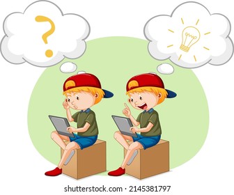 A kids playing iPad with speech bubble  illustration