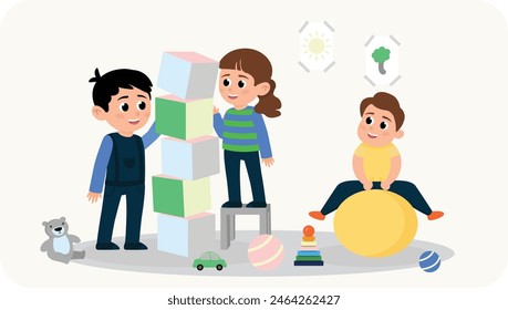 Kids playing in kinder garden, vector flat art style