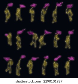 Kids playing with kite icons set. Isometric set of kids playing with kite vector icons neon color on black