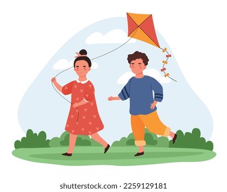 Kids playing with kite. Little boy and girl play outdoors, active lifestyle and leisure, rest after school. Summer and spring season. Poster or banner for website. Cartoon flat vector illustration