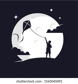 Kids Playing Kite with Moon Background Logo Design Template