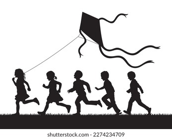 Kids playing kite on grass field vector silhouette.