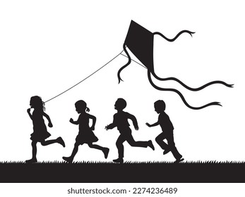 Kids playing kite on grass field outdoor vector silhouette.