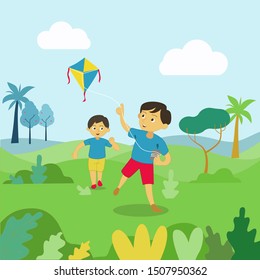 kids playing kite in the park ilustration template 