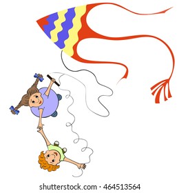 Kids playing kite. Vector illustration of children flying kite on the white background