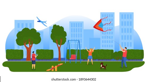Kinder, die Drachen spielen, Vektorgrafik im Flugzeug. Kinder, die Drachen im Stadtpark fliegen. Unterhaltung im Freien im Sommer. Himmelsfliegendes Spielzeug und Spiele, Baloons. Spielplatz für Kinder in der Nähe von zu Hause.