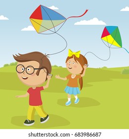 Kids playing with kites outdoor in summer