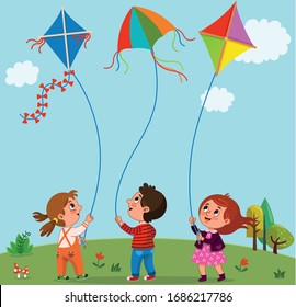 Kids Playing Kites. Vector Illustration Of Children Flying Kites On The Meadow. 