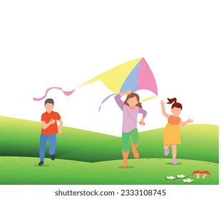 Kids playing kites. Vector illustration of children flying kites on the meadow