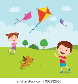 Kids playing kites. Vector illustration of children flying kites on the meadow.