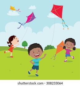 Kids playing with kites. Vector illustration of children flying kites on the meadow.