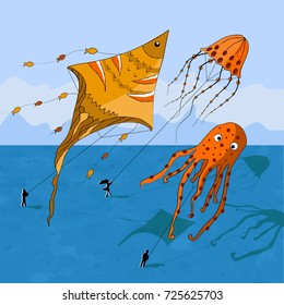 Kids playing kites. Vector illustration of children flying kites on the meadow.Kites in the shape of a fish