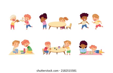 Kids playing and learning in kindergarten set. Preschool activities and early education for children cartoon vector illustration