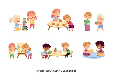 Kids playing and learning in kindergarten set cartoon vector illustration