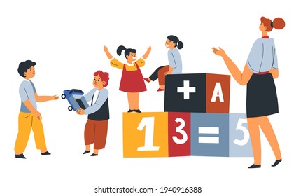 Kinder, die im Spiel spielen und lernen. Mädchen, die auf Würfeln mit Buchstaben und Zahlen stehen und Mathematik studieren. Jungen geben und teilen Autospielzeug. Kommunikation und Bildung. Vektorgrafik im Flachstil