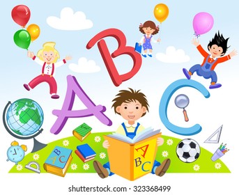 Kids Playing with Letters. Pupils of elementary school 