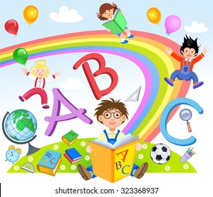 Kids Playing with Letters. Pupils of elementary school 