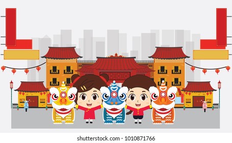 Kids playing lion dance in china town. vector illustration