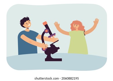 Kids playing with microscope in scientific experiment. Girl and boy with lab equipment flat vector illustration. Science research, biology lesson concept for banner, website design or landing web page