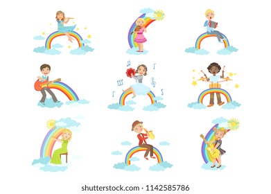 Kids Playing Music Instruments With Rainbow And Clouds Decoration