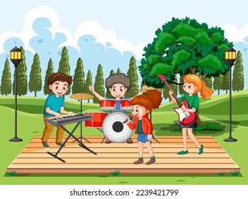 Kids playing music in the park illustration