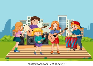 Kids playing music in the park illustration