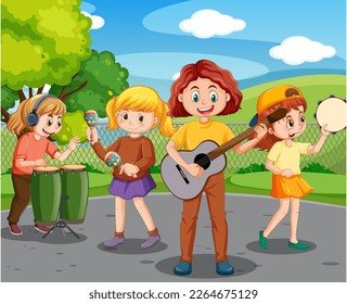 Kids playing music in the park illustration