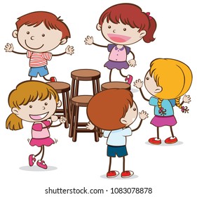 Kids Playing Musical Chairs On  White Background Illustration